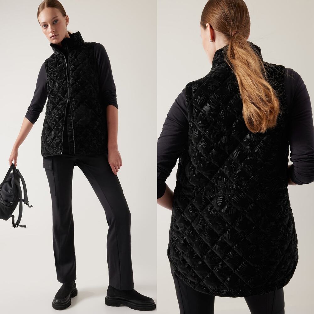 Athleta Black Quilted Tunic Length Vest Women's Sz Small Tall Fun Pattern Zip Up